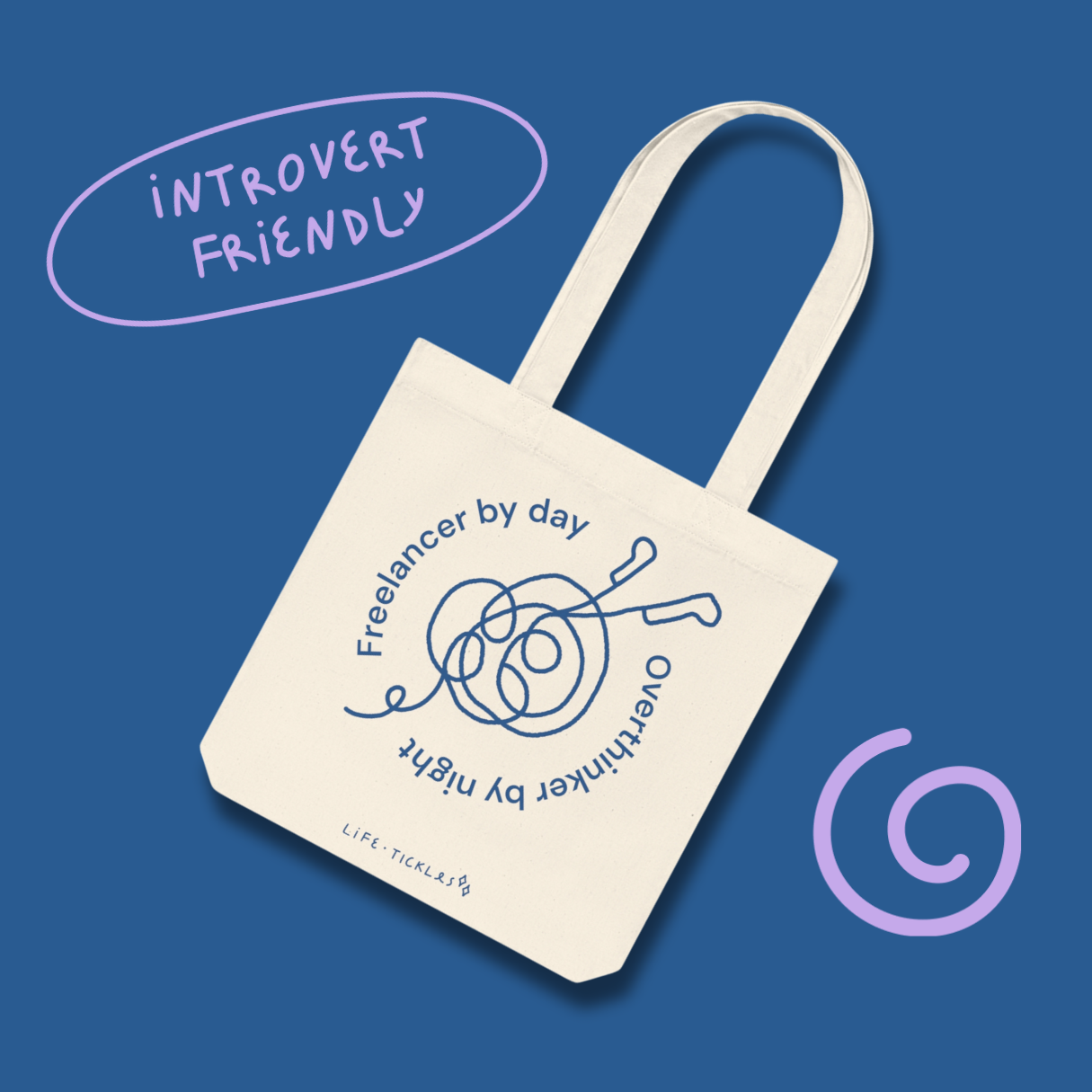 Freelancer by day, overthinker by night - Woven Tote Bag (illustration - grey, natural+blue)