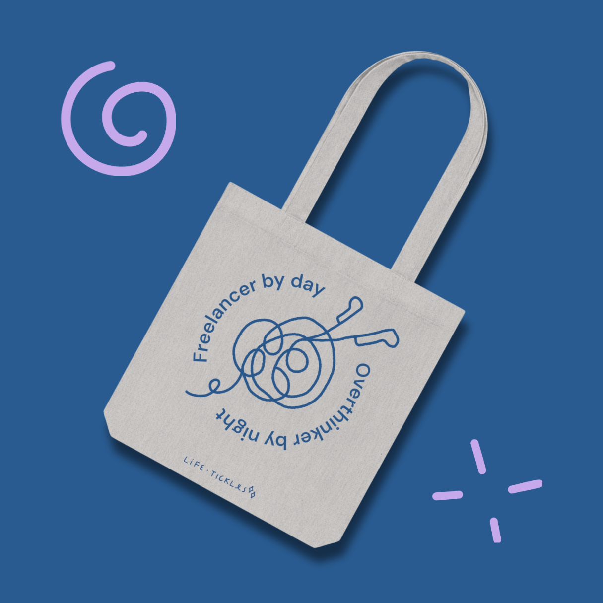 Freelancer by day, overthinker by night - Woven Tote Bag (illustration - grey, natural+blue)