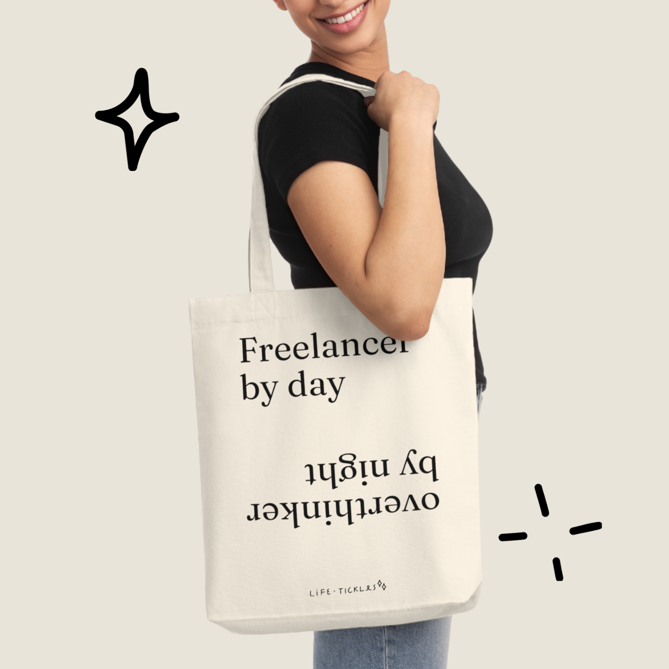 Freelancer by day, overthinker by night - Woven Tote Bag (black+white)