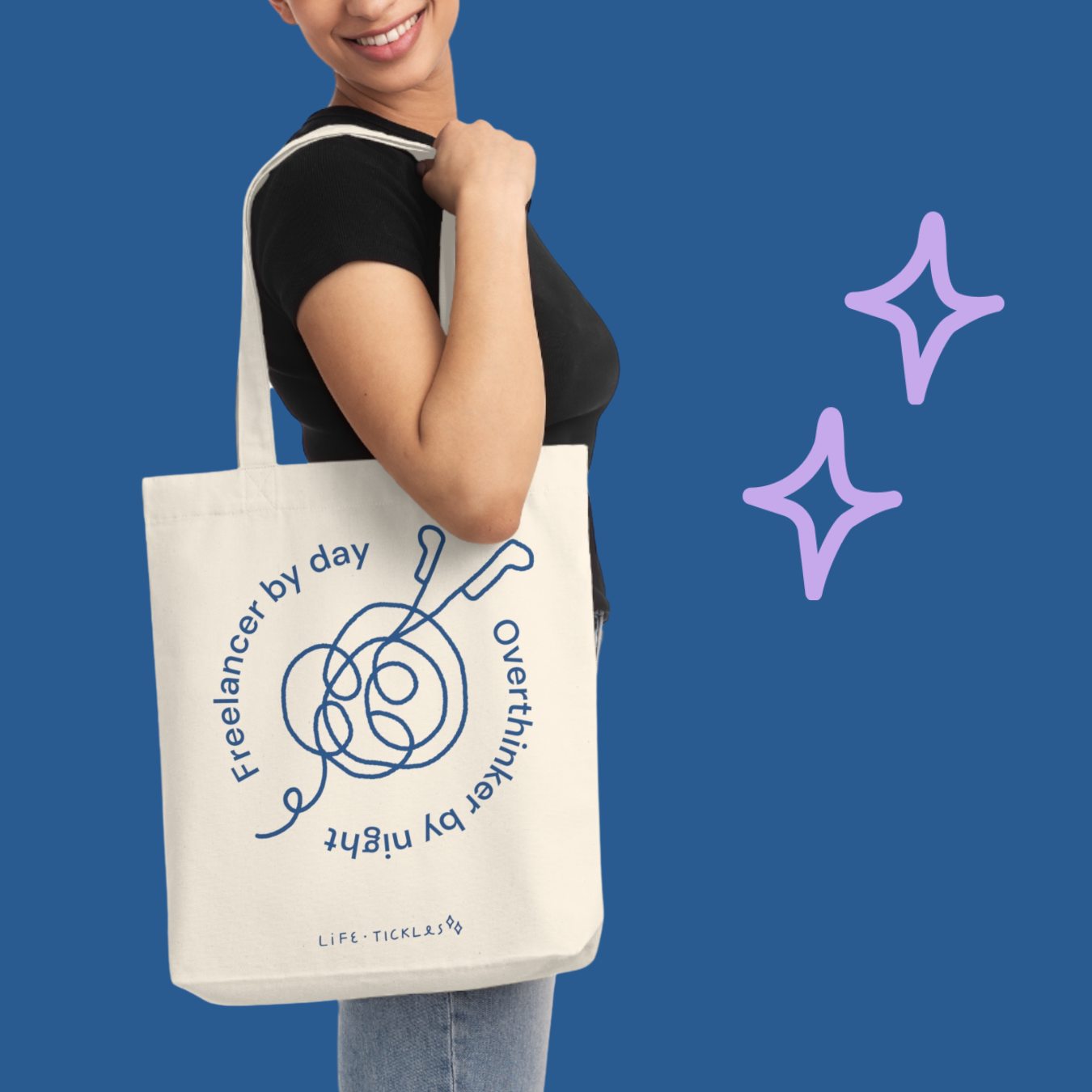 Freelancer by day, overthinker by night - Woven Tote Bag (illustration - grey, natural+blue)