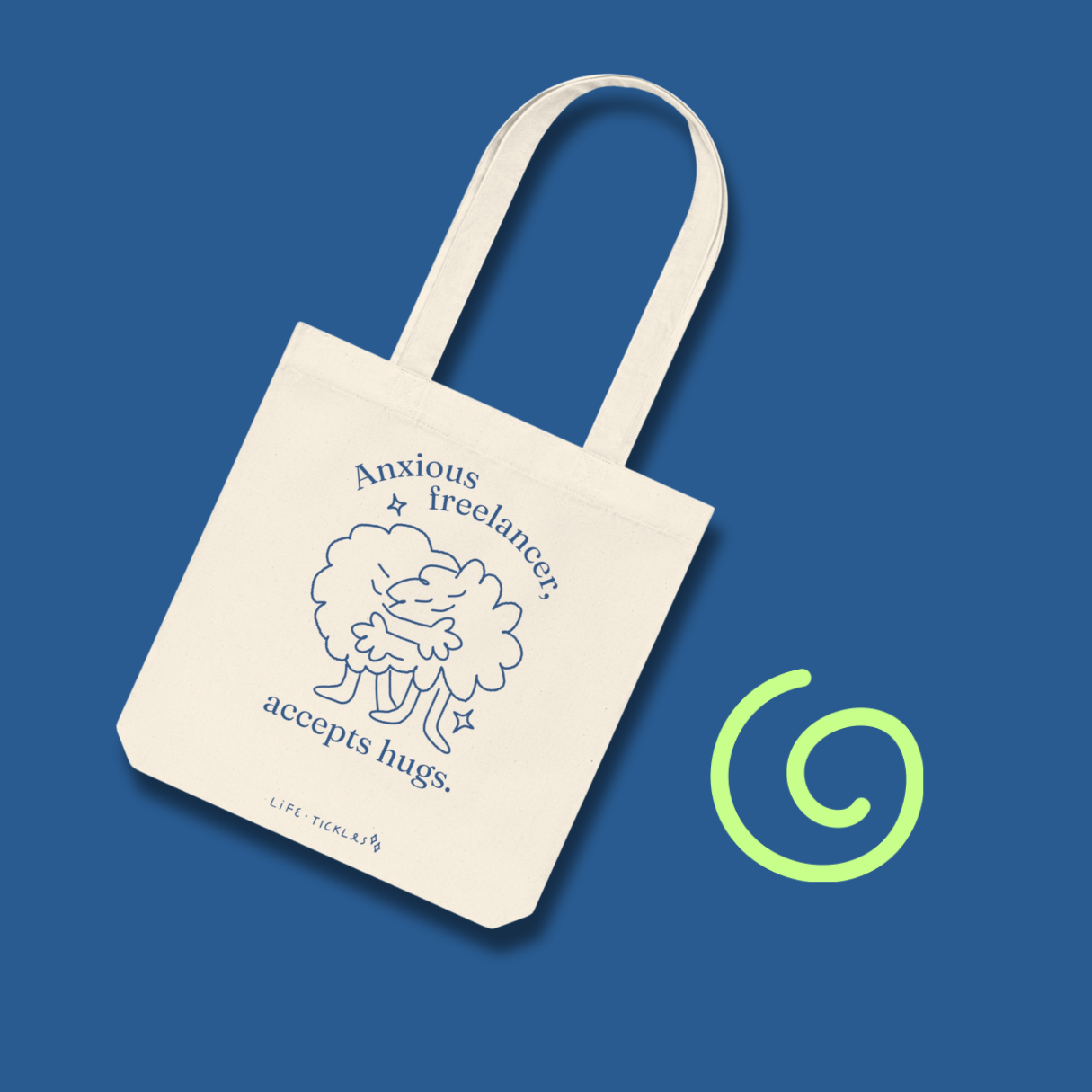 Anxious freelancer, accepts hugs - Woven Tote Bag (natural+blue)