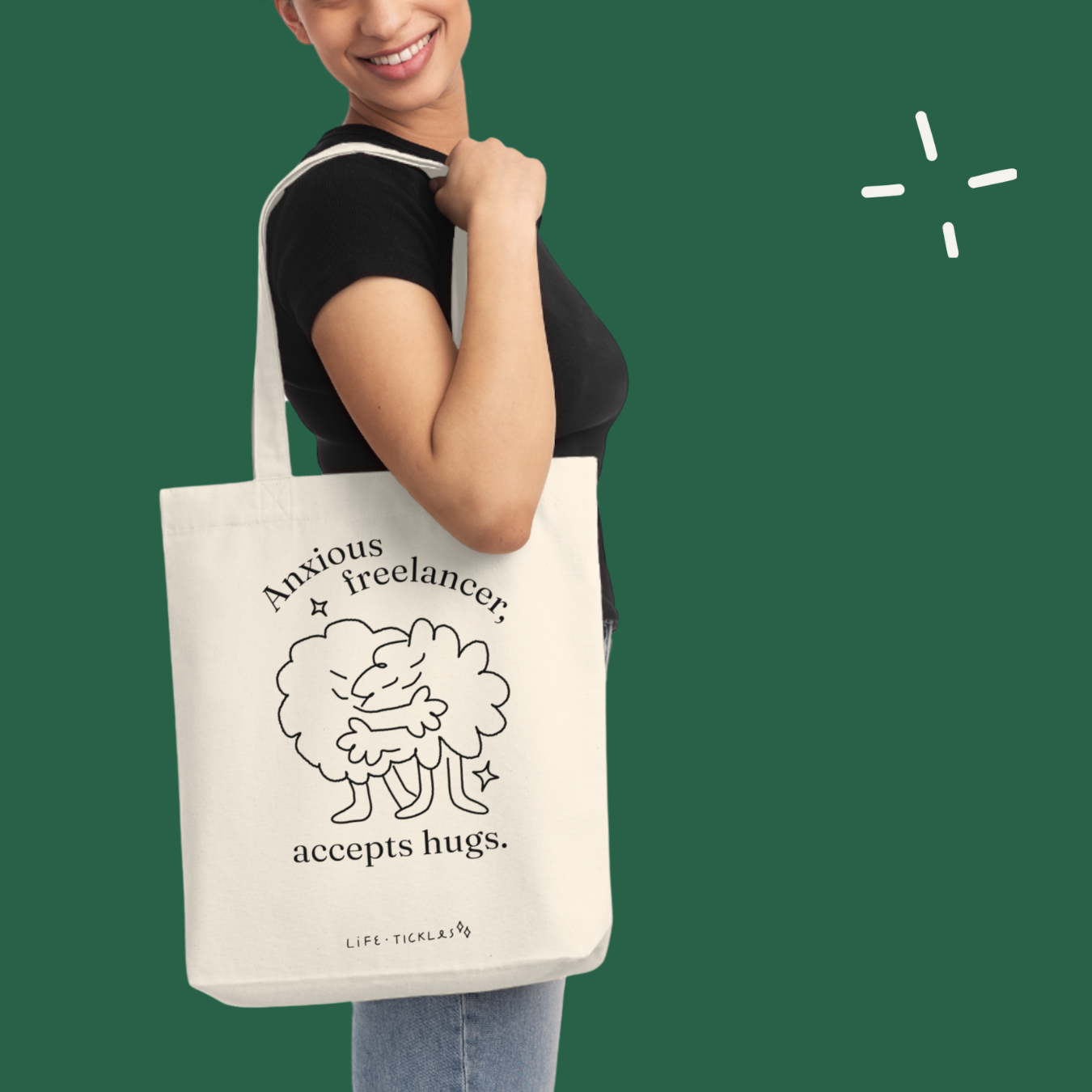 Anxious freelancer, accepts hugs - Woven Tote Bag (natural+black)
