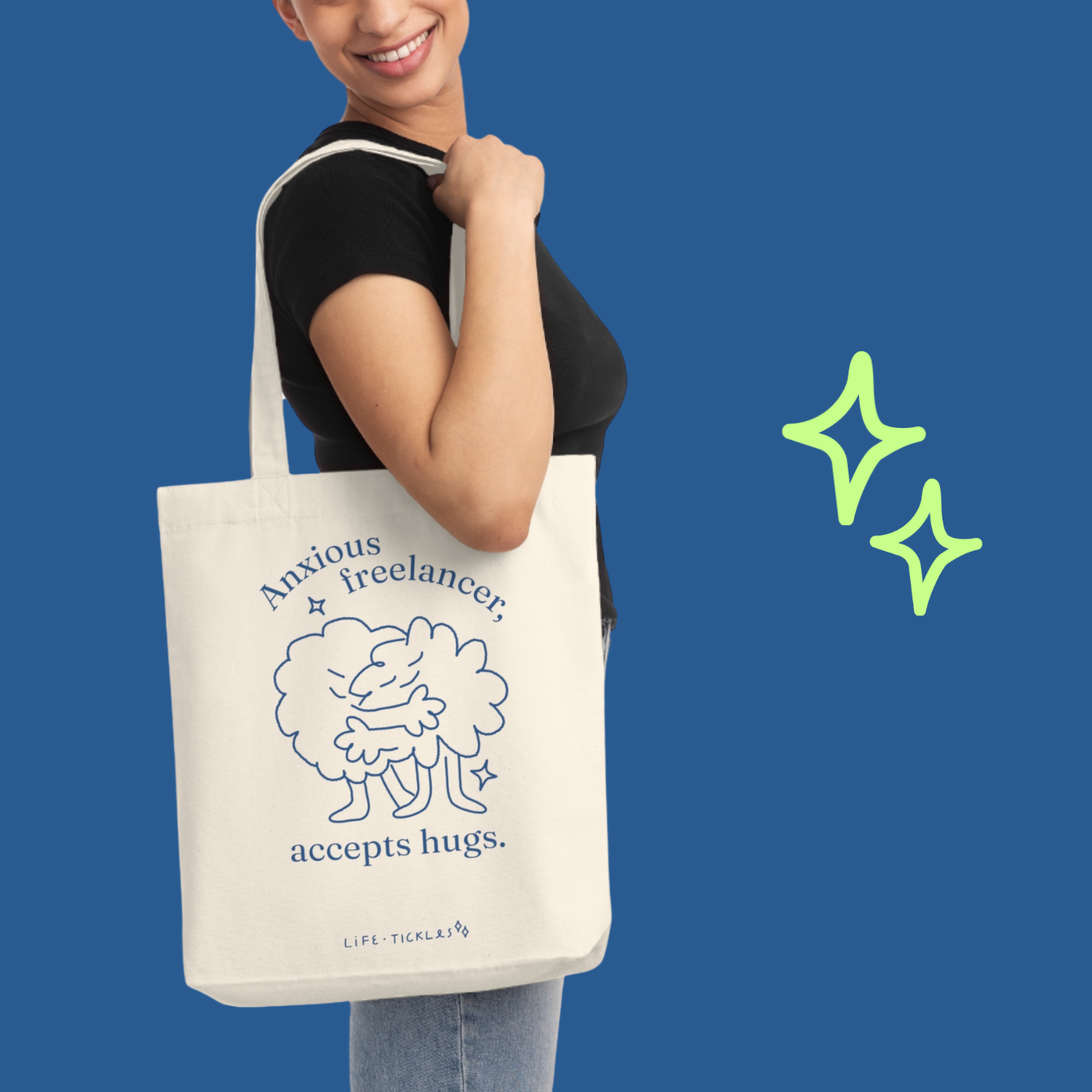 Anxious freelancer, accepts hugs - Woven Tote Bag (natural+blue)