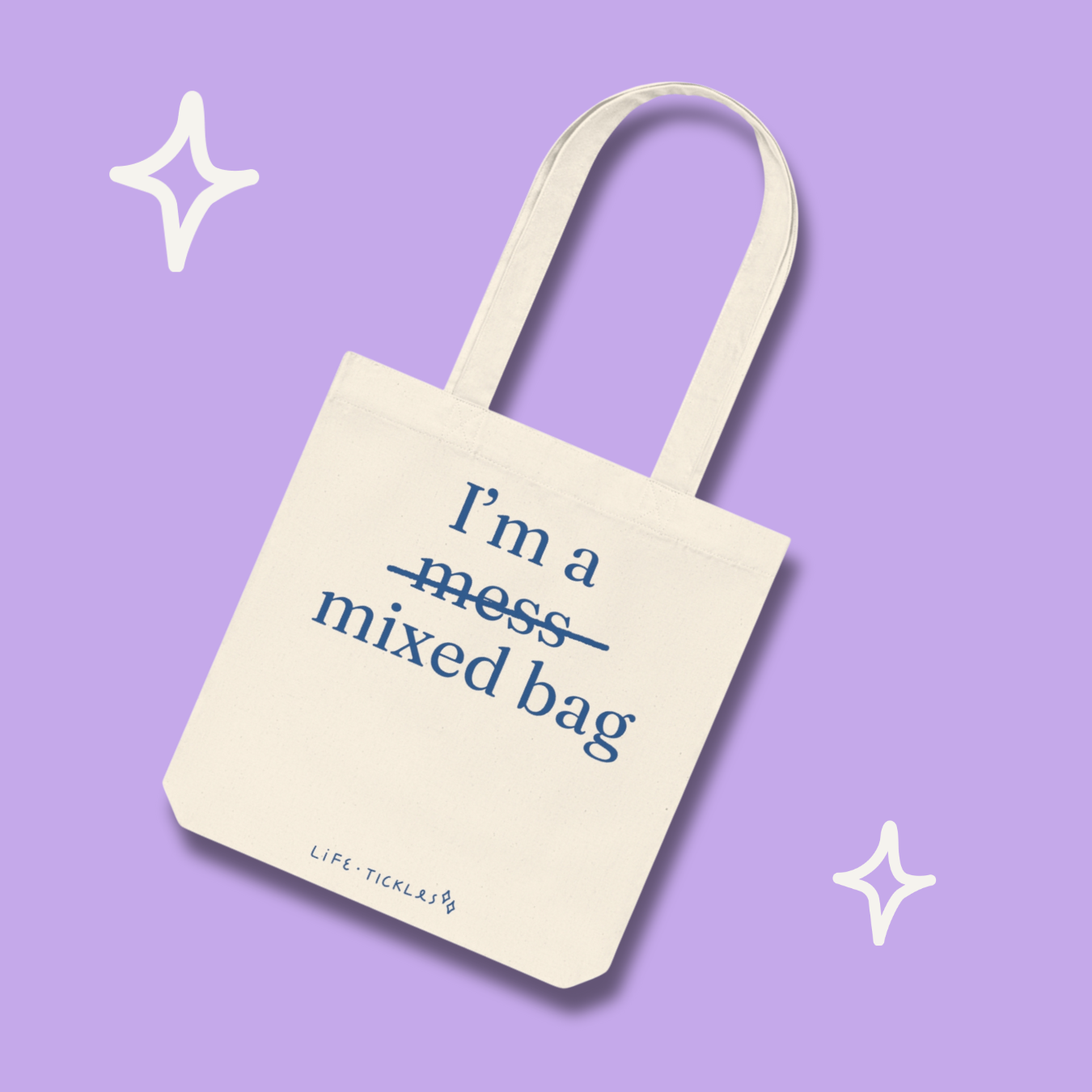 I'm a mixed bag - Woven Tote Bag (grey, natural+blue print)
