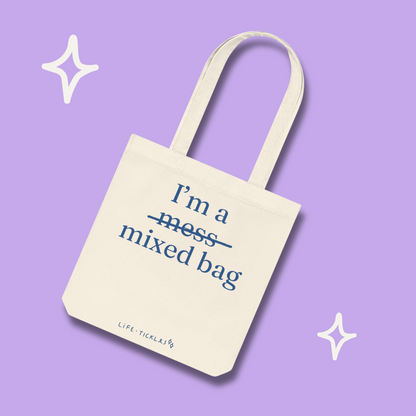 I'm a mixed bag - Woven Tote Bag (grey, natural+blue print)