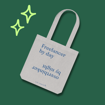 Freelancer by day, overthinker by night - Woven Tote Bag (grey, natural+blue print)