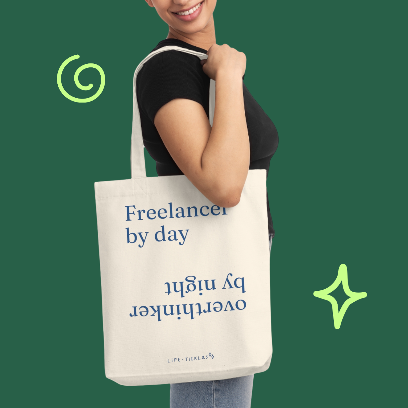 Freelancer by day, overthinker by night - Woven Tote Bag (grey, natural+blue print)