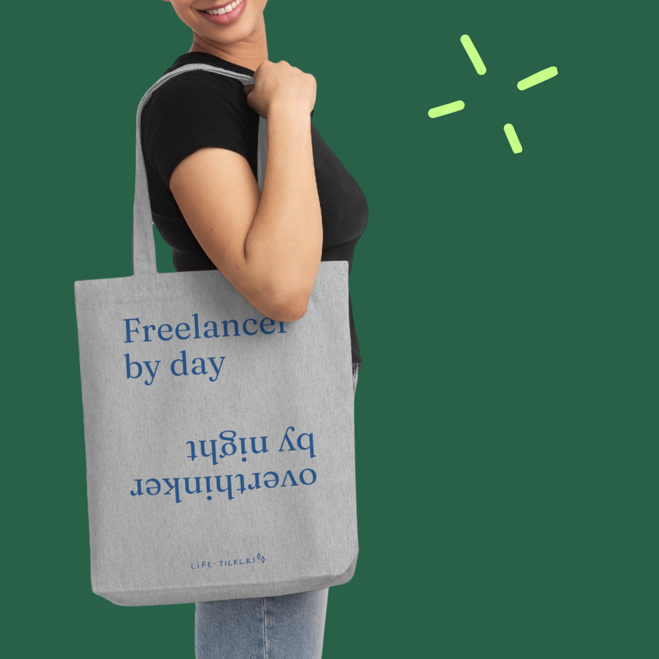 Freelancer by day, overthinker by night - Woven Tote Bag (grey, natural+blue print)