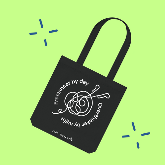 Freelancer by day, overthinker by night - Woven Tote Bag (illustration, black+white)