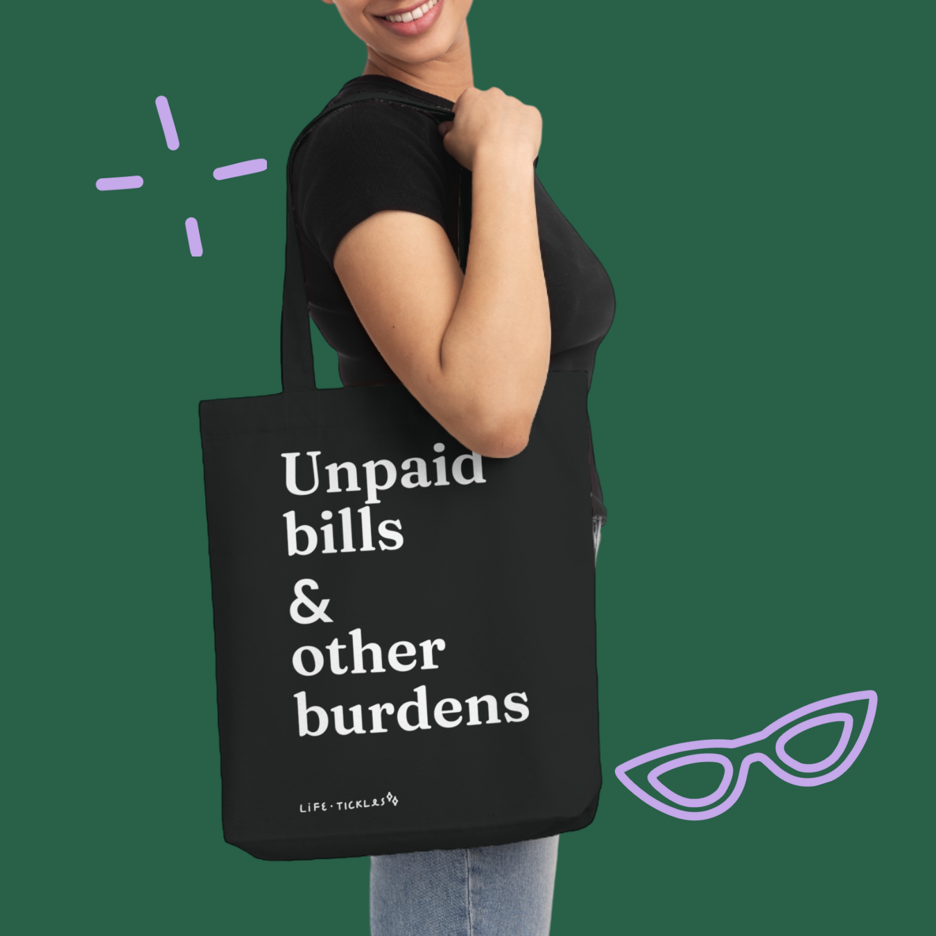 Unpaid bills & other burdens - Woven Tote Bag (text, black + white)