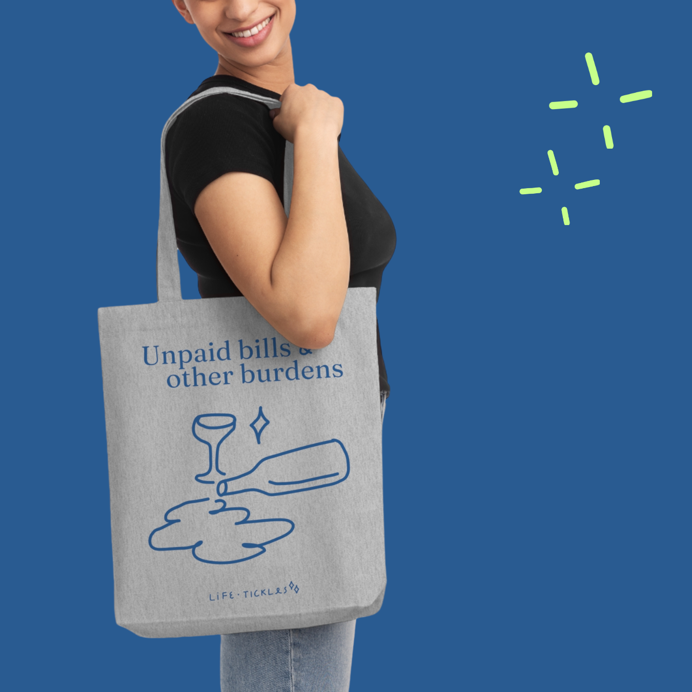 Unpaid bills & other burdens - Woven Tote Bag (illustration, grey, natural+blue print)