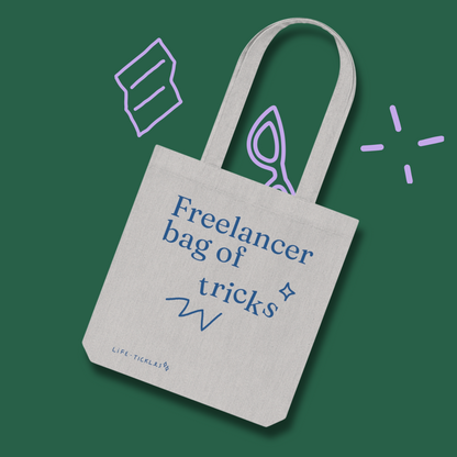 Freelancer bag of tricks - Woven Tote Bag (grey, natural+blue print)